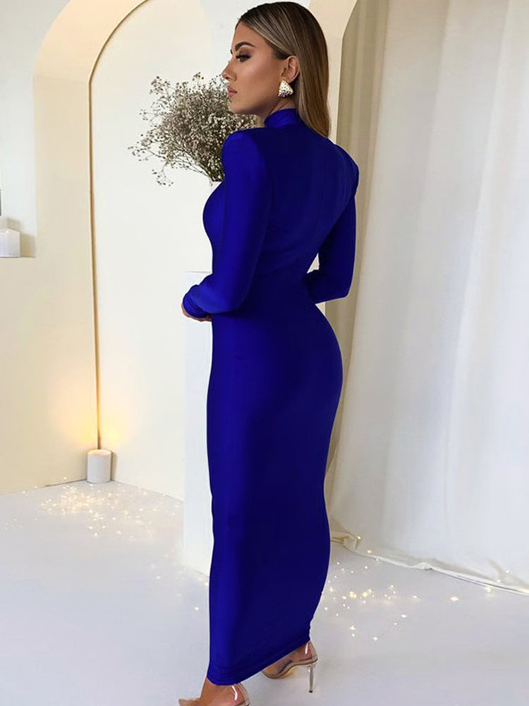 Bodycon Green Party Club Maxi Dress with Shoulder Padded Long Sleeve, Spring Autumn Women Fashion Elegant Clothes