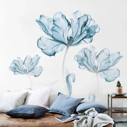 New Creative Nordic Blue Flower Wall Stickers, 3D Wall Art Decals, Home Living Room Sofa Warm Background Decoration
