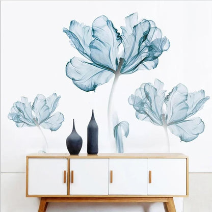 New Creative Nordic Blue Flower Wall Stickers, 3D Wall Art Decals, Home Living Room Sofa Warm Background Decoration