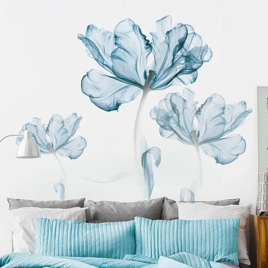 New Creative Nordic Blue Flower Wall Stickers, 3D Wall Art Decals, Home Living Room Sofa Warm Background Decoration