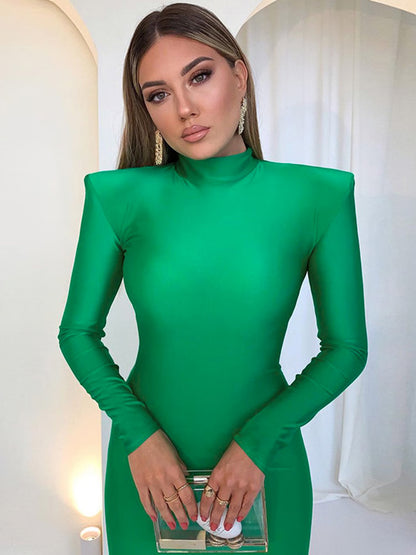 Bodycon Green Party Club Maxi Dress with Shoulder Padded Long Sleeve, Spring Autumn Women Fashion Elegant Clothes