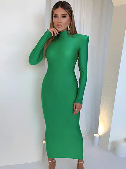 Bodycon Green Party Club Maxi Dress with Shoulder Padded Long Sleeve, Spring Autumn Women Fashion Elegant Clothes